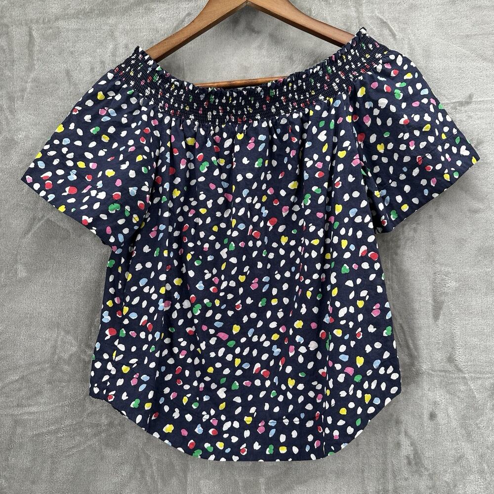 J Crew Top Shirt Womens 2 Blue Off‎ Shoulder Preppy Printed Blouse